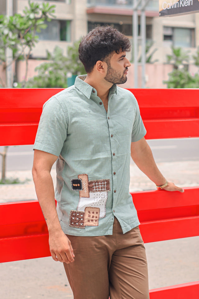 Patchwork Sage Green Handcrafted Cotton Linen Shirt