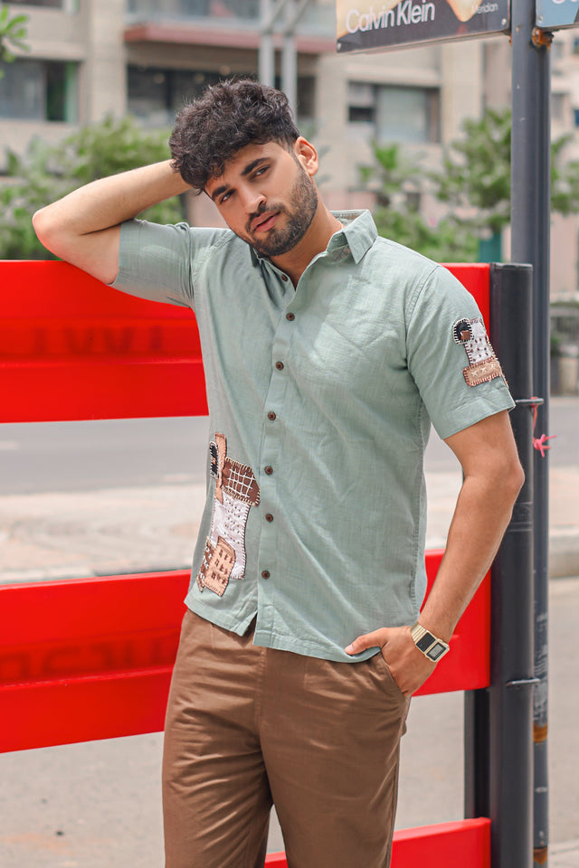 Patchwork Sage Green Handcrafted Cotton Linen Shirt