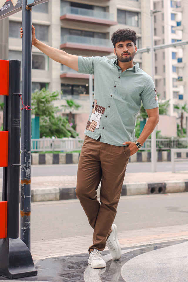 Patchwork Sage Green Handcrafted Cotton Linen Shirt