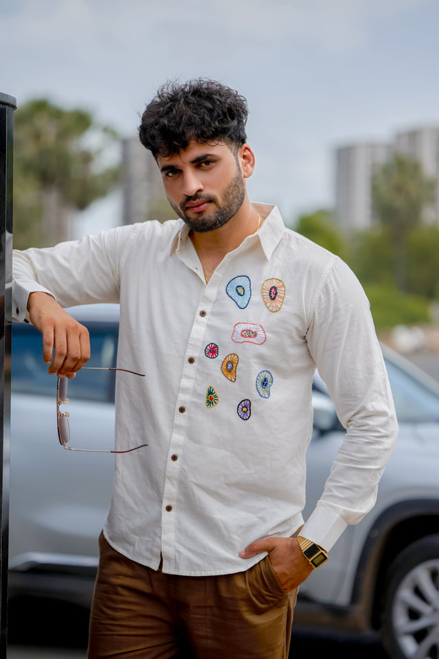 Multicolor Handwork Art Motifs Soft Cotton Shirt
