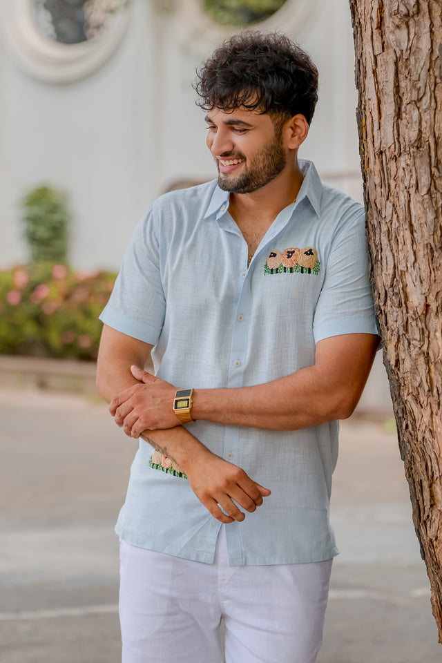 Pastel Blue Sheep Handwork Linen Shirt