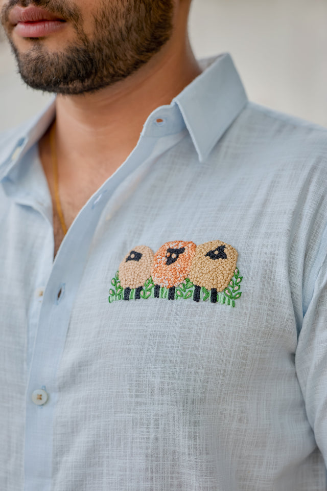 Pastel Blue Sheep Handwork Linen Shirt
