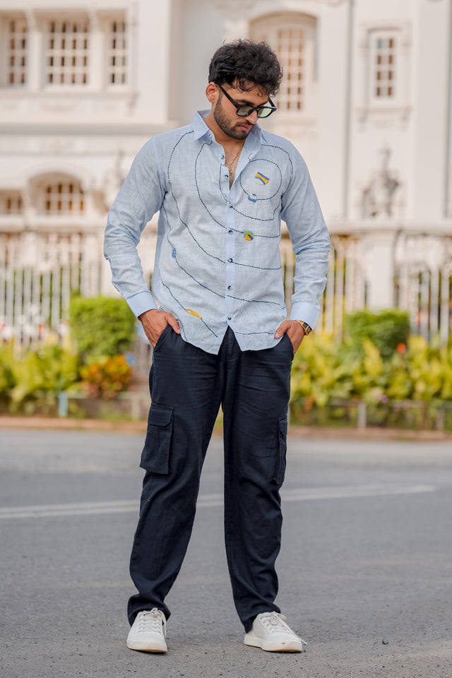 Galaxy Orbit Handwork Linen Sky Blue Shirt