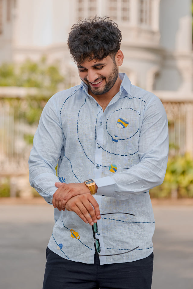 Galaxy Orbit Handwork Linen Sky Blue Shirt
