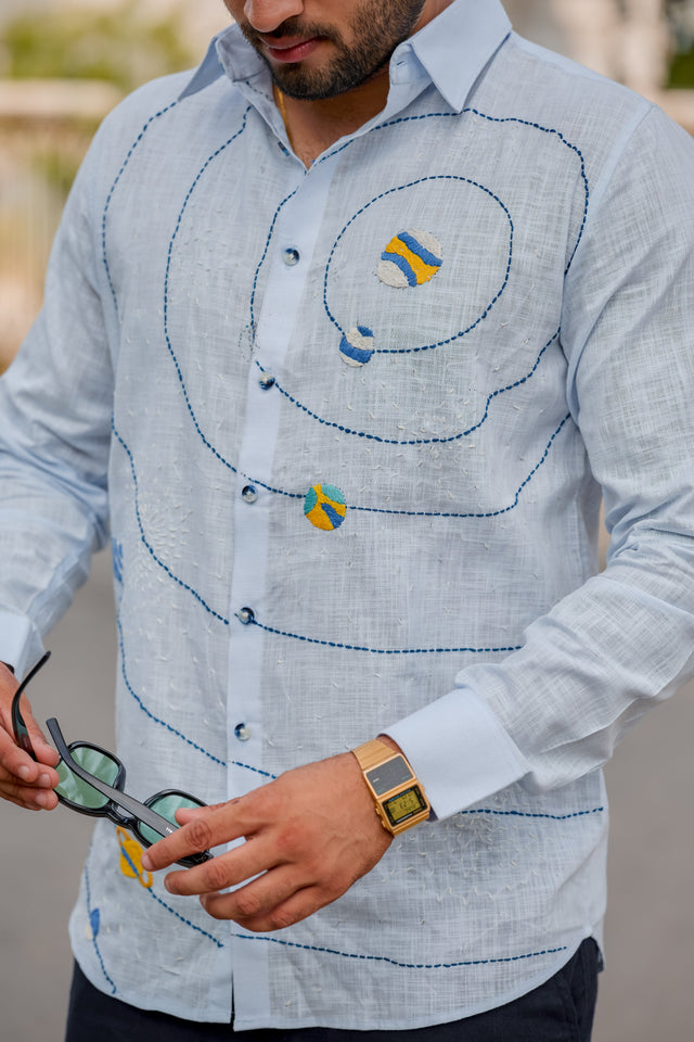 Galaxy Orbit Handwork Linen Sky Blue Shirt