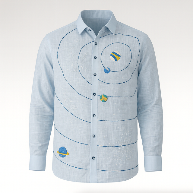 Galaxy Orbit Handwork Linen Sky Blue Shirt