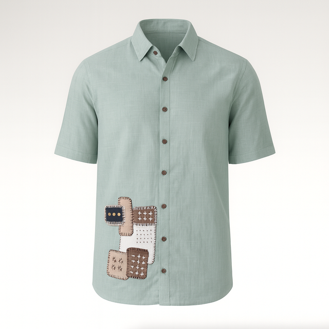 Patchwork Sage Green Handcrafted Cotton Linen Shirt